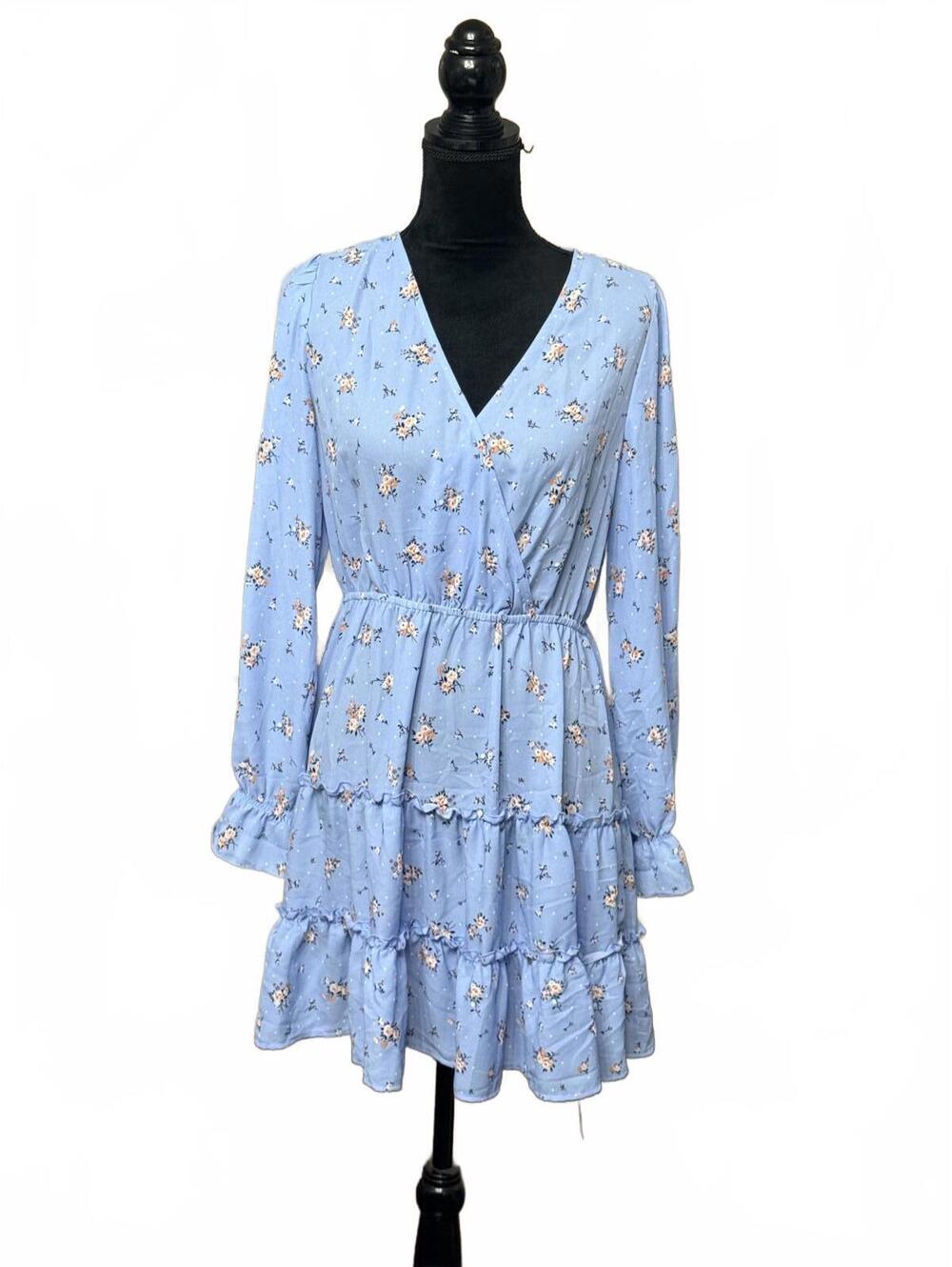 Inspired Hearts Floral Wrap Mini Dress - Blue Ruffle Long Sleeve V-Neck - L
